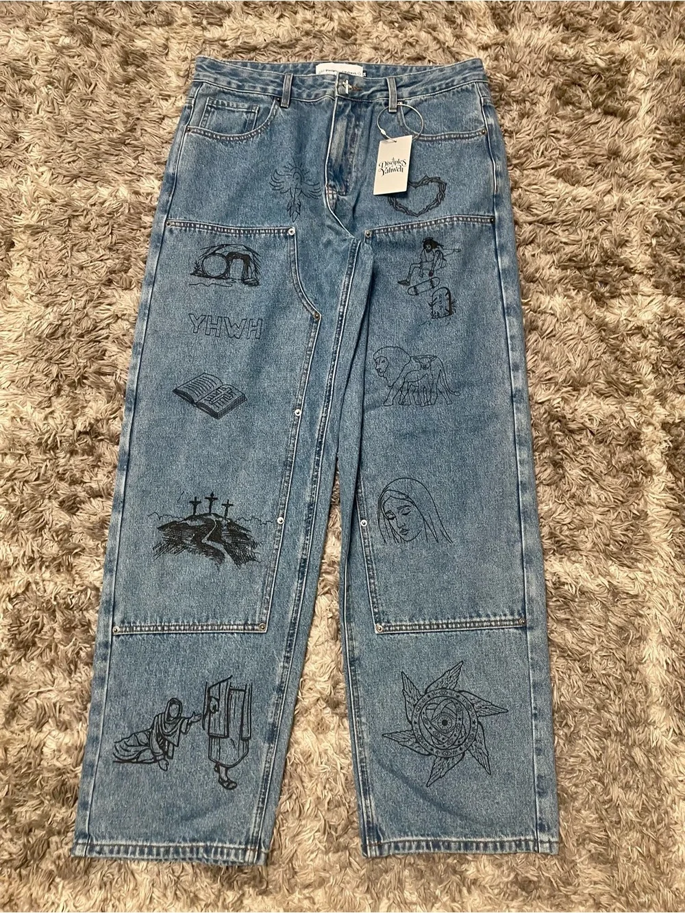 Disciples of Yahweh All-Over Print Graphic Denim Jeans Size 34